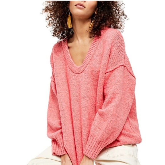 Free People Sweaters - Free People Coral Pink V-Neck Oversized Sweater